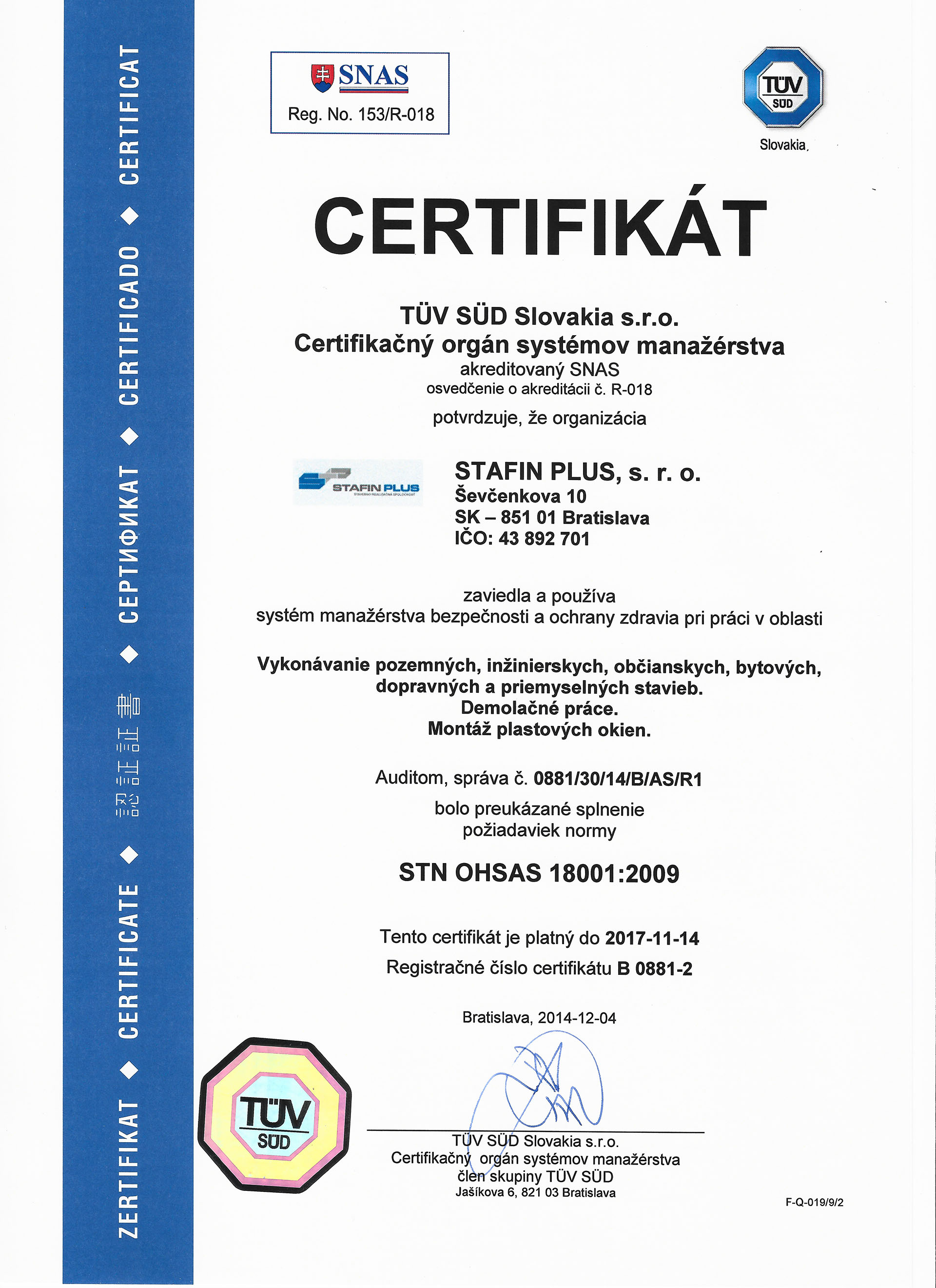 Certifikát STN OHSAS 18001