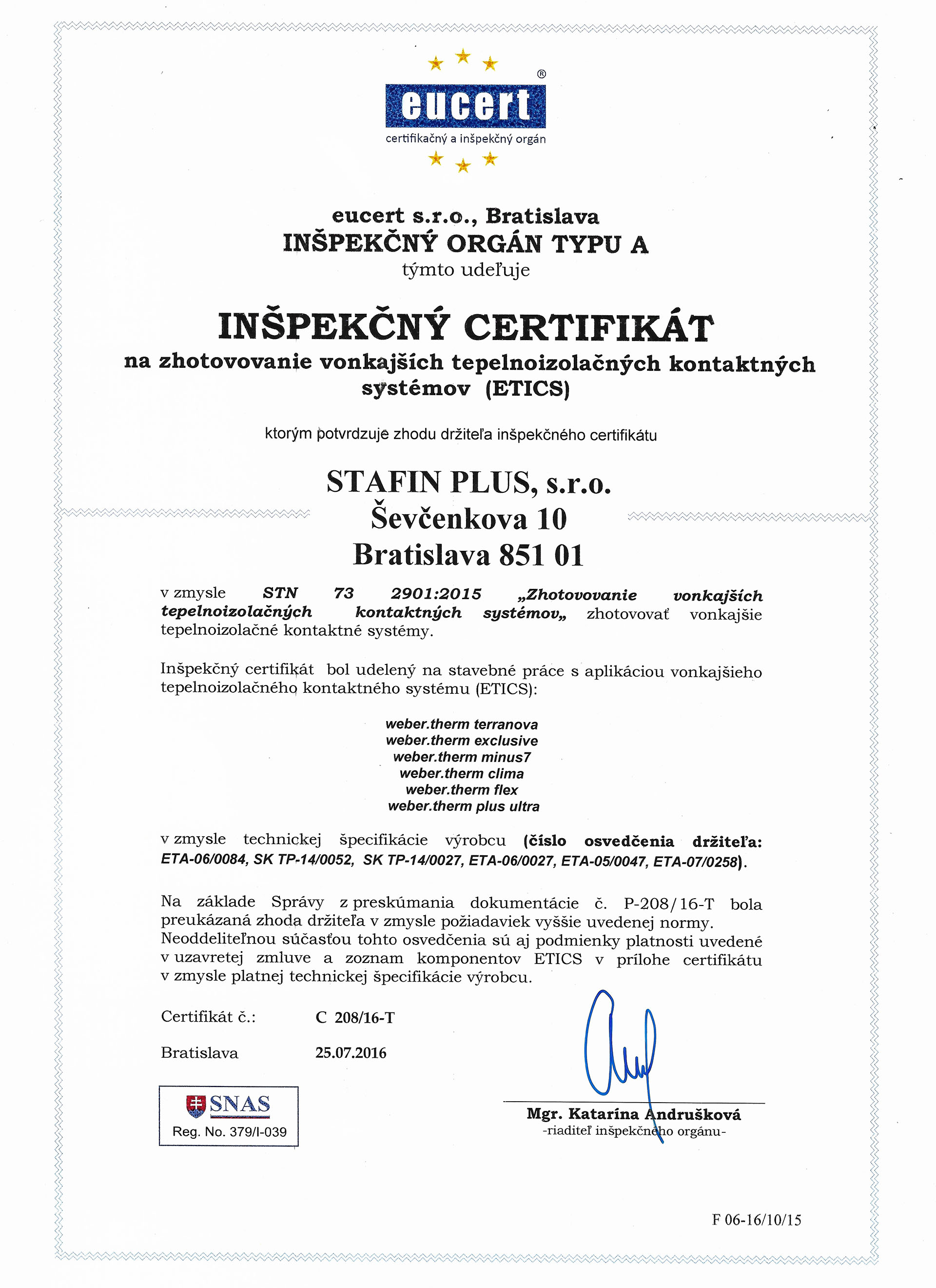 Certifikát na zhotovenie tepelnoizolačných kontaktných systémov weber.terranova